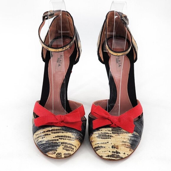 ALAIA Snake Print Leather Ankle Strap Heels With Red Bows - Picture 3 of 13